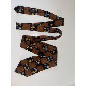 British American House Maga Silk Tie Mens Brown Black Floral Checkered Italy 4in